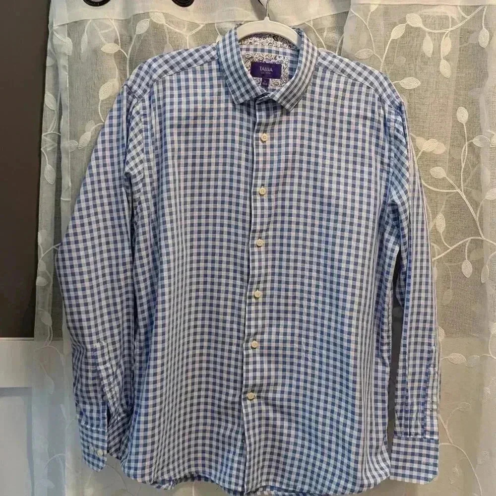 Tallia Button Down Dress Shirt Blue Gingham Size L Neck 16 1/2 inches